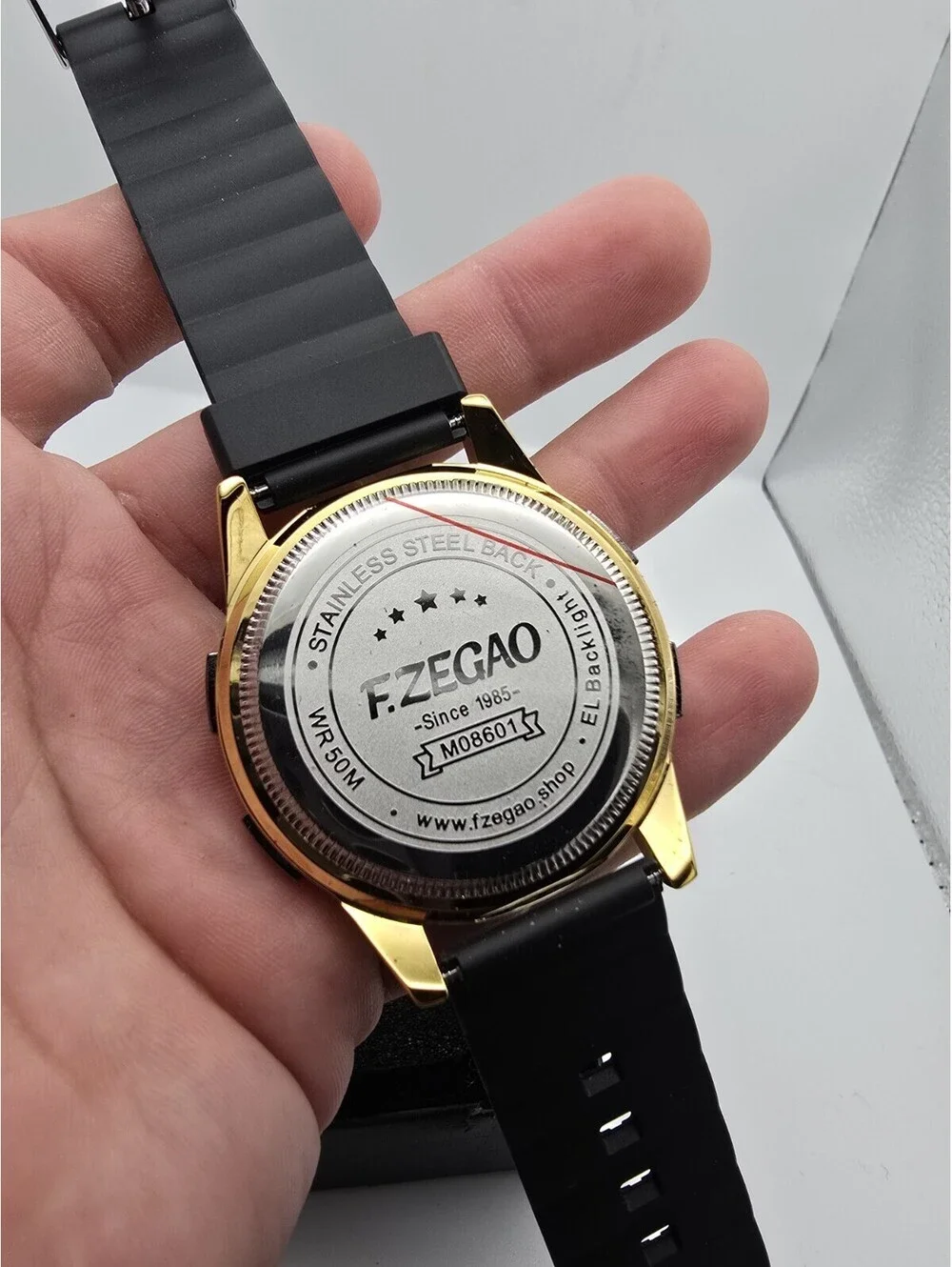 Fzegao Quartz Digital Sport Wristwatch Black Silicone Band Gold Case Alarm 50m